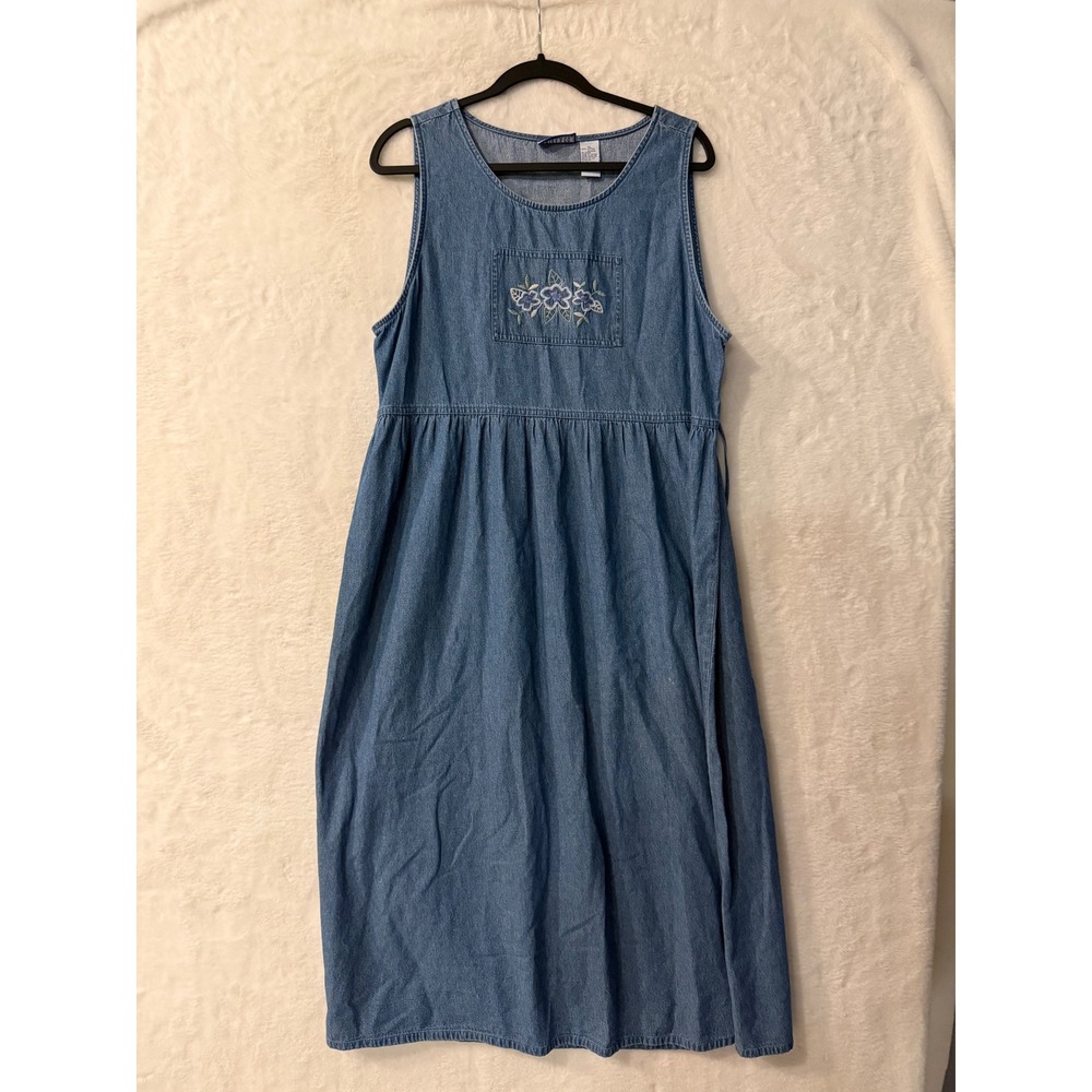 Erika & Co Denim Dress Womens XL Blue Cotton Floral Embroidered Midi Sleeveless